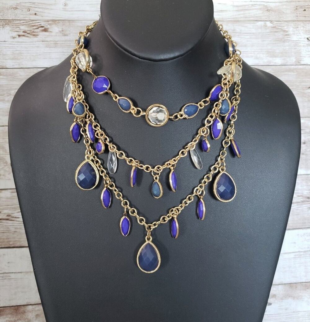 Vintage Necklace 3 Tier Blue and Clear Gems Statement Necklace